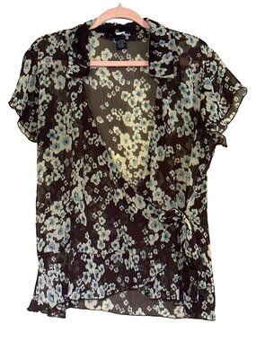 Studio 1940 brown floral wrap blouse size xl dark cottage grandma fall retro
